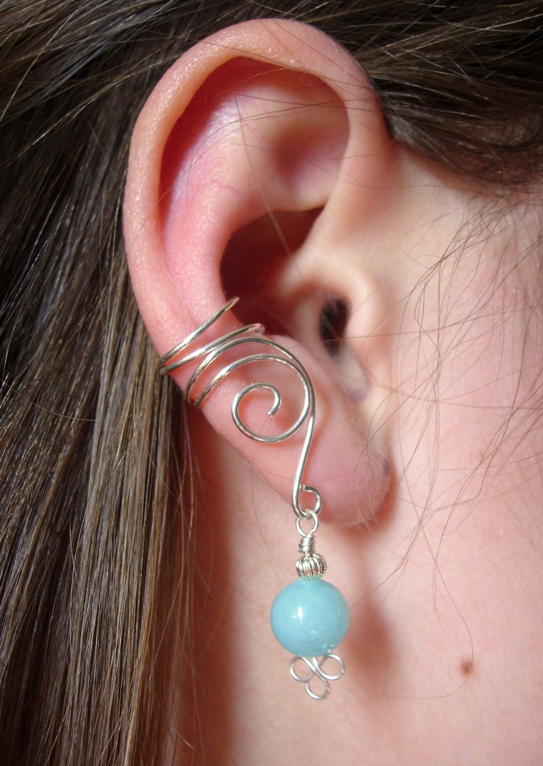 EAR CUFFS Pair of Solid Sterling Silver Ear Cuffs with Genuine Amazonite