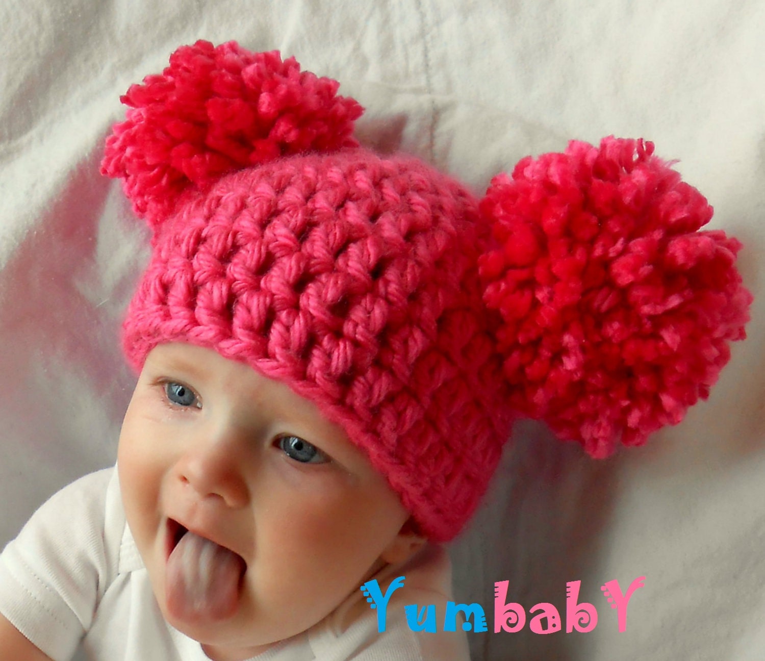 Newborn Baby Hat Girl Hats Chunky Pink White Blue Black Brown Crochet Knit Infant Double Pom Pom Beanie Photography Prop