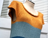 Made to Order: Saffron and Sapphire Hand Knitted Color Block Bamboo Silk Summer Tunic Sweater with I-Cord Rope Neckline Detaill