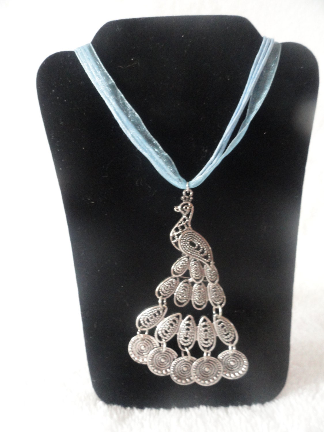 Peacock Necklace with light blue Chord style chain