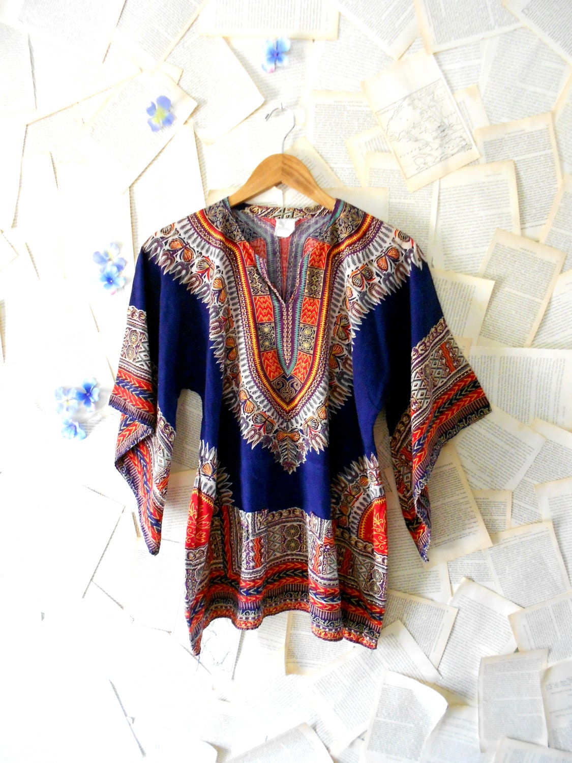 Vintage 70s Navy Blue Spiritual Dashiki Top Size XS Small