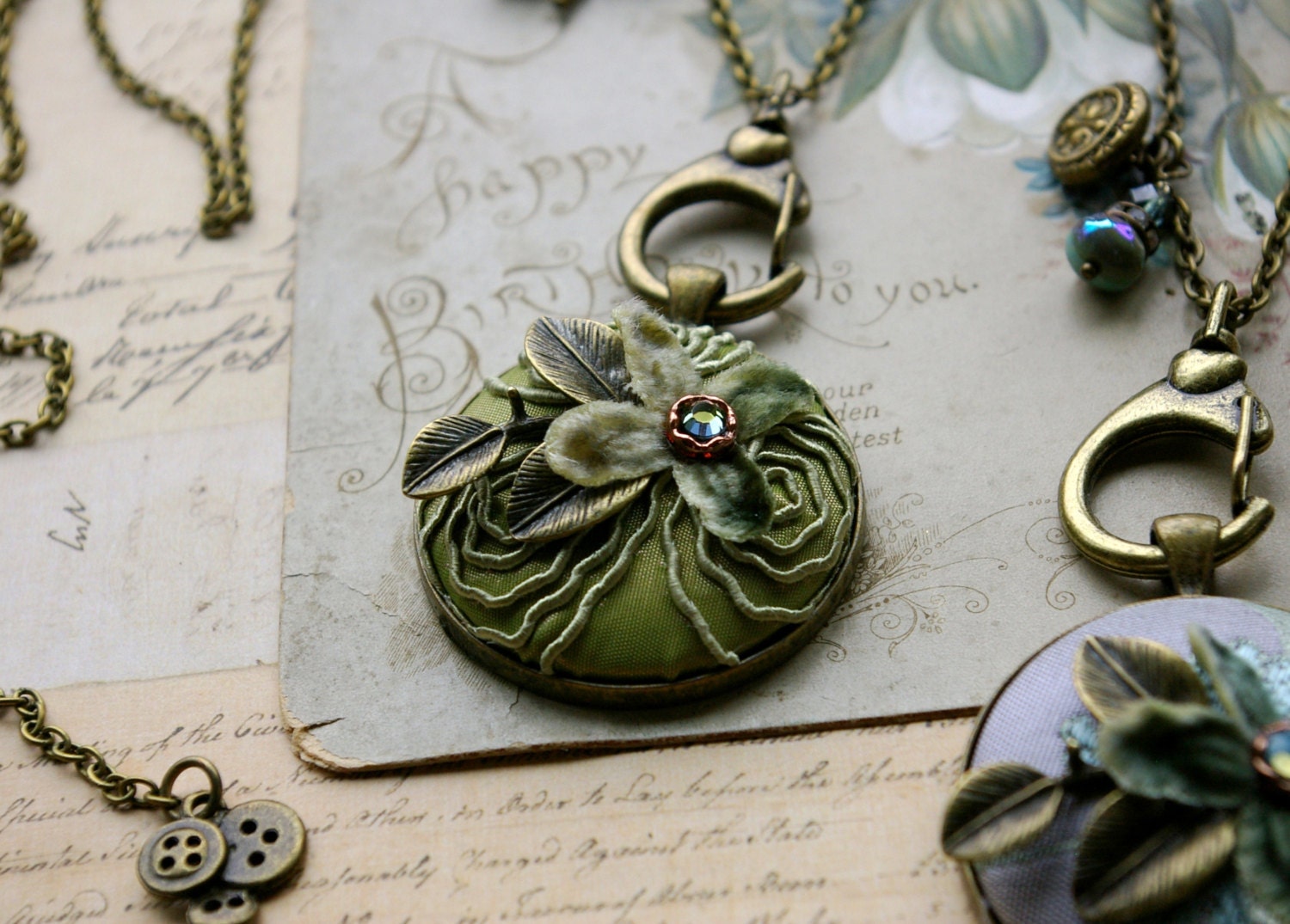 Fabric Button Necklace, Textile Jewelry, cut velvet and vintage millinery, unique jewelry, unusual jewelry