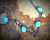 OOAK " Stay true " Hand stamped Sparrow necklace - Turquoise teardrops , titanium rainbow quartz & White howlite cross charm - Brass