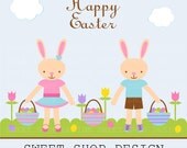 Easter Egg Hunt Clip Art Clipart - Bunnies, Easter Eggs, Flowers, Baskets - Personal and Commercial Use Il_170x135
