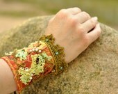 CUFF BRACELET, Crazy Patchwork, Macrame, Crochet, Bohemian Bracelet, Hippie Gypsy Boho, Orange Red Green, Unique Design