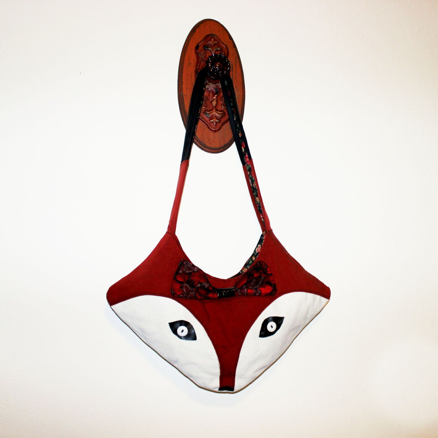 Fox Bag Tote Purse with Lace Bow and Floral Interior Upcycled Unique Gift
