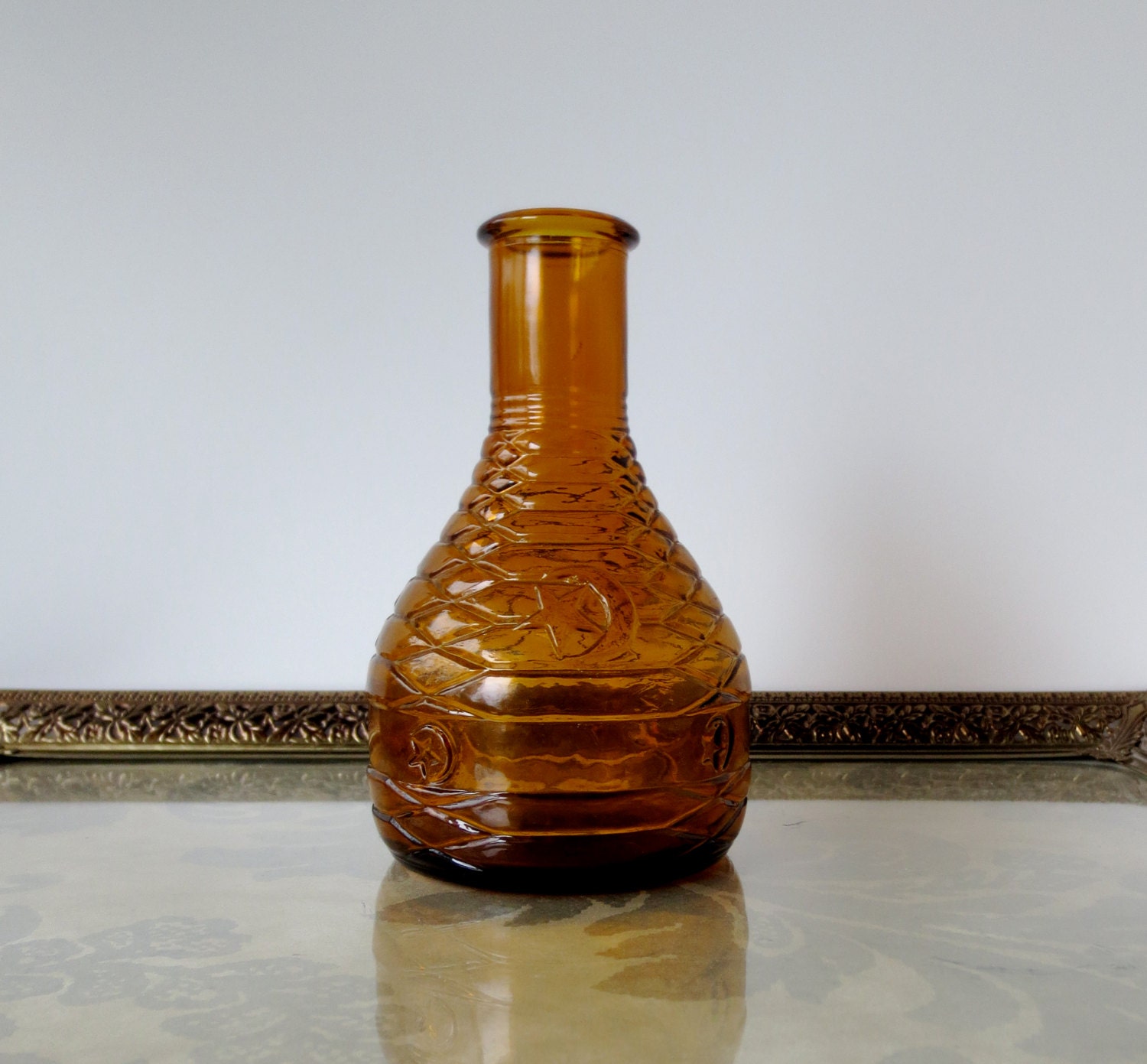 Owens - Illinois Glass Co. Amber Glass Bottle / Decanter Crescent Moon & Star