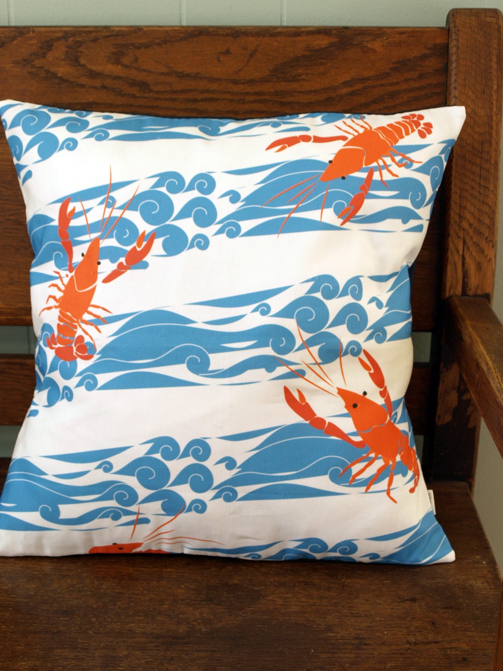 Lobster/Crayfish Nautical Pillow Cover in Blue and Orange 18x18