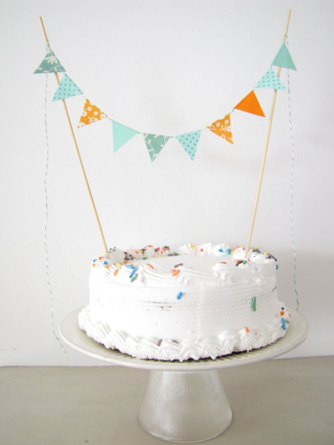 Fabric Cake Topper - Bunting Decoration - Wedding, Birthday Party, Shower Decor in tangerine orange aqua teal floral polka dots