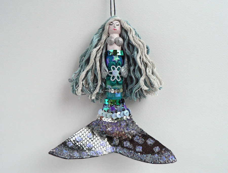 Mermaid Doll, Handmade Mermaid Peg Doll, hanging ornament, OOAK decor