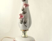 Vintage Porcelain Lamp With Pink Flowers Marble Base, Gold, White, Pink, Sage Green Leaves, Ruffled Shade, Shabby Chic, Cottage Chic