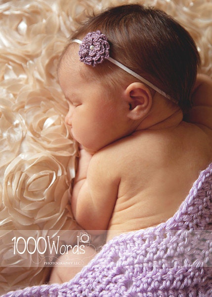 Purple lilac Crochet flower baby stretch elastic hairband headband with pearl mum rose dahlia custom rainbow photo prop newborn infant
