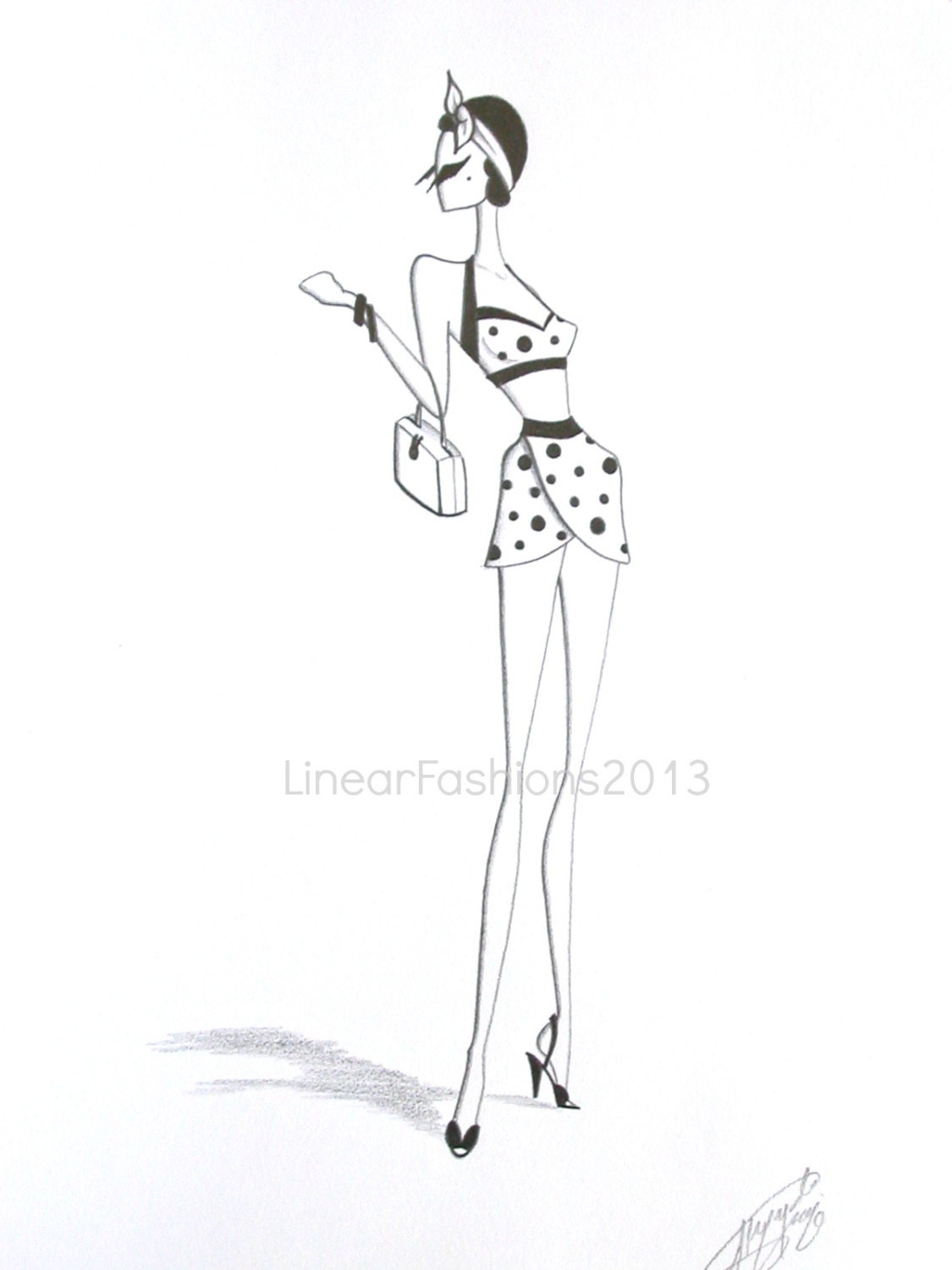 Summer Fashion Art, 1950s Polka Dot Swimsuit, Original Illustration, Black and White Decor, Art Gift