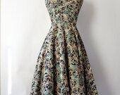 SALE vintage 50s party dress / 1950s sundress / black velvet flocked beige and mint green cocktail dress / womens dress small xs