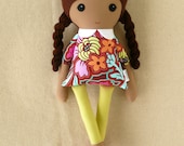 Fabric Doll Rag Doll Girl with Braids and Floral Top