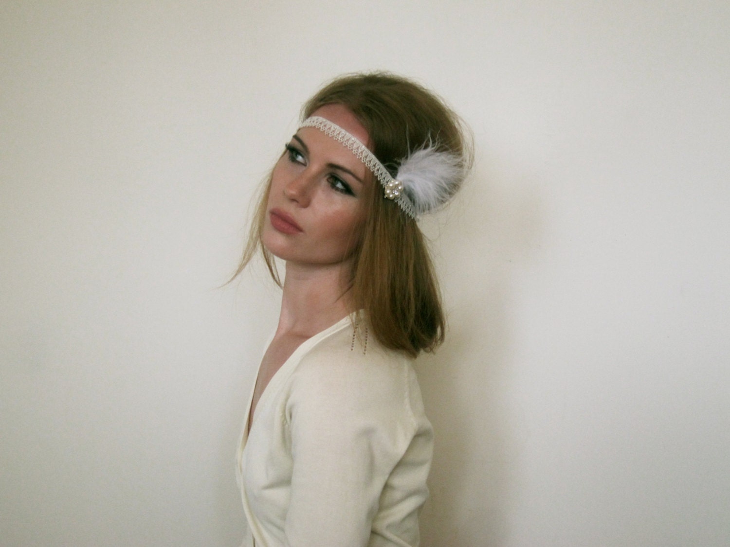 1920s Silver Ivory White Feather Headband inspired by Great Gatsby - Movie Great Gatsby Tiffanys - Daisy Buchanan - 1920s Party