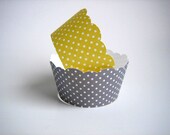 12 Yellow and Grey Polka Dot Cupcake Wrappers - Shabby Chic, Rustic, Bridal Shower, Birthday, Wedding, Baby Shower