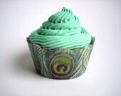 Peacock Feather Cupcake Wrappers - 12 - Shabby Chic, Rustic, Princess, Vintage, Bridal Shower, Birthday, Wedding, Baby Shower