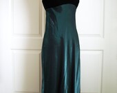 Vintage 70s party dress/ emerald & black/ sateen velvet long gown/ two tone/ empire waist/ spaghetti straps