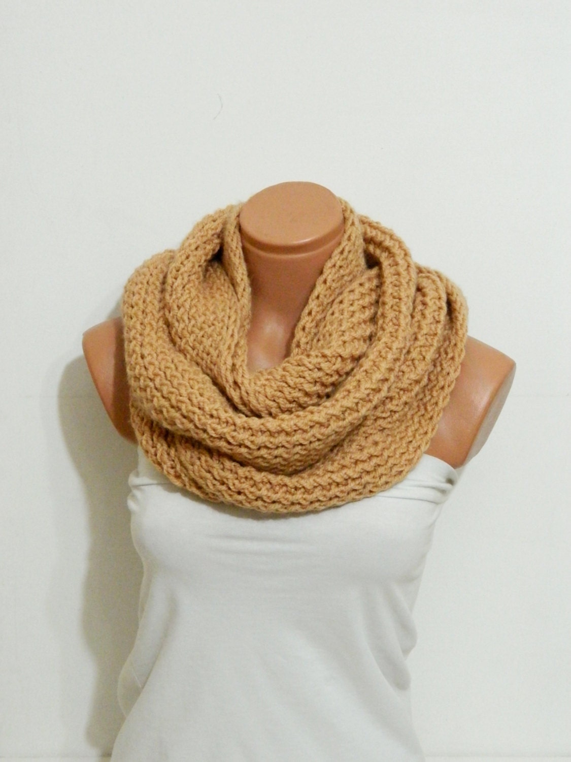 Valentine Day Sale - Knitted infinity Scarf Block Infinity Scarf. Loop Scarf, Circle Scarf, Neck Warmer. caramel coffee Crochet Infinity