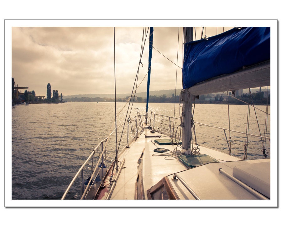 Yacht Expedition Photography 8x12, Sea Travel Photo, Fishing, Marine Nautical Seaman Photograph, beige and dark indigo blue