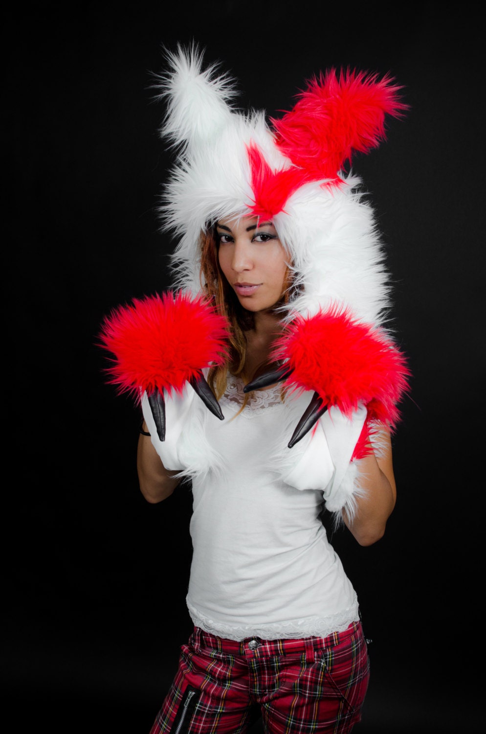 Zangoose inspired, Pokemon cosplay, faux fur, animal ear hood, furry scoodie, hat
