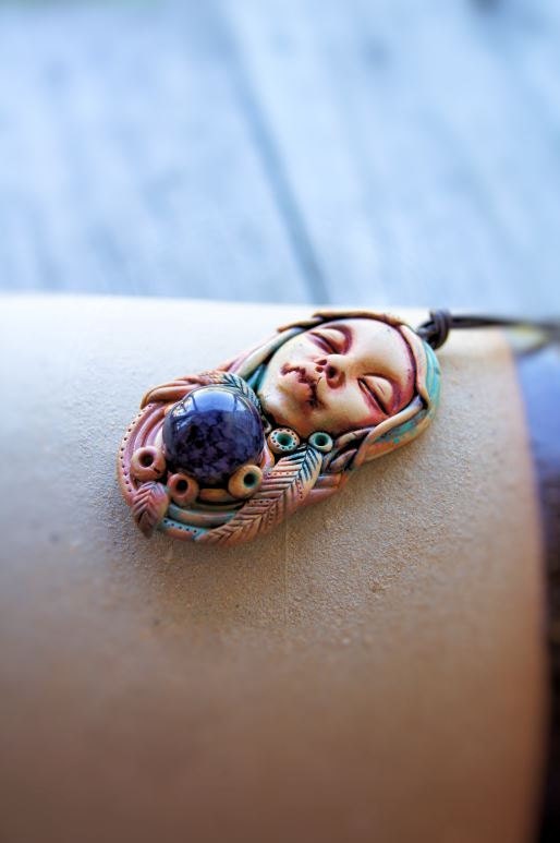 Rainbow Spirit Purple Agate and Polymer Clay Pendant Necklace