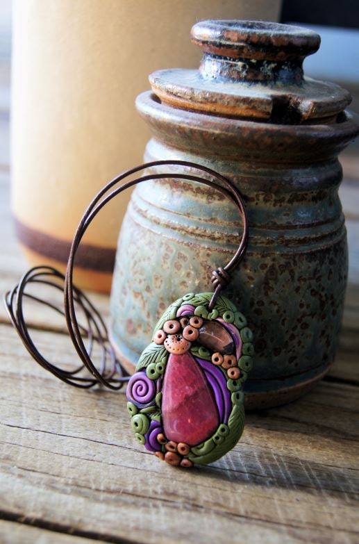 Rhodonite & Clear Quartz Clay Pendant Necklace