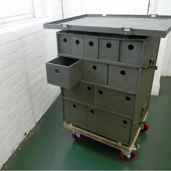 Amazing Large Military Industrial Army Green Trunk Chest of Multiple Drawers Platform Casters Wheels Shop Studio Storage Tool Organizer Case