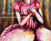 A4 Print Valentines Day Victorian Dress Bustle Vintage Wall Paper Healing Heart Original Art Mix Media Girl Woman Painting - New Found Love