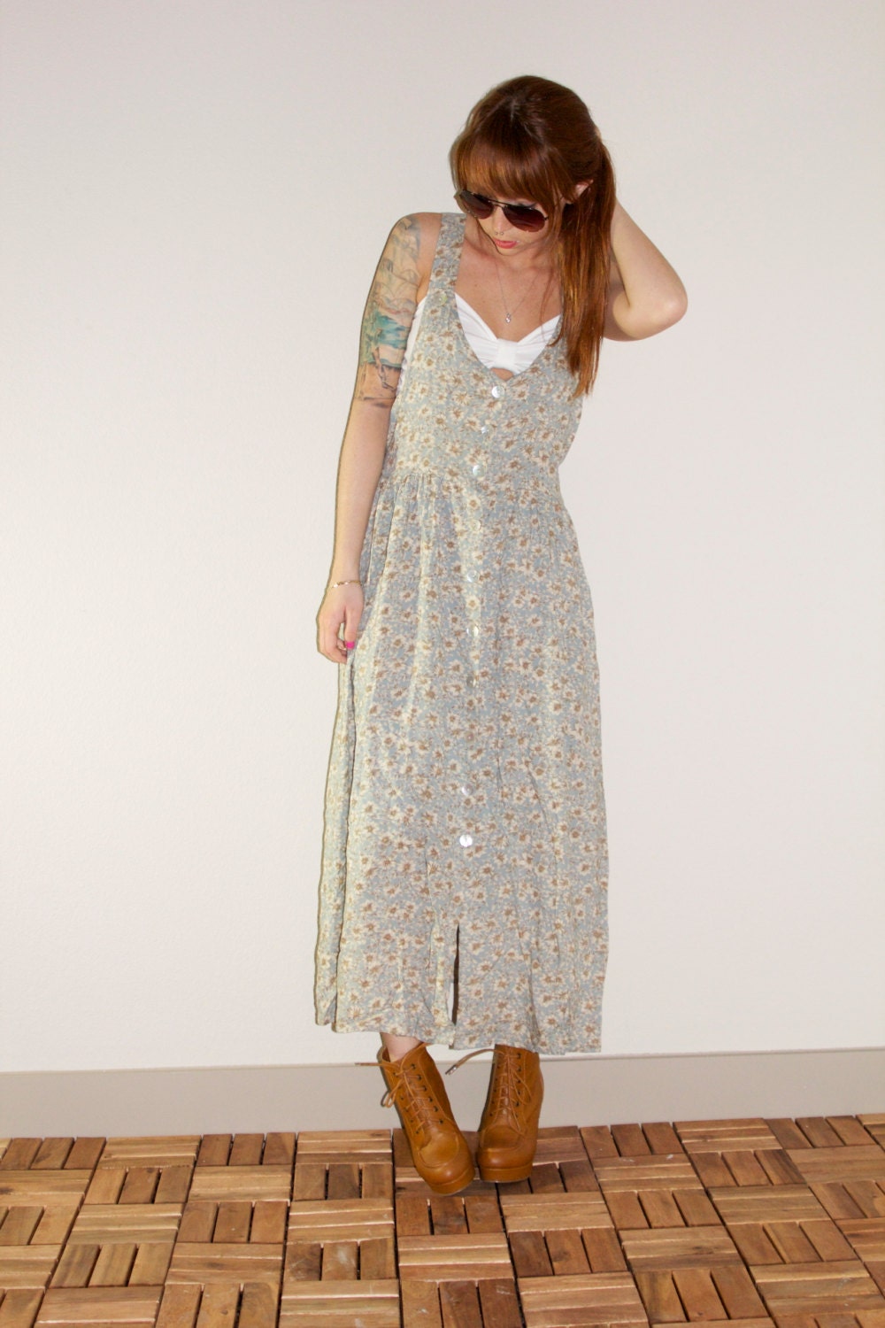 90s Hipster Oversized Slouch Daisy Overall Maxi Button Dress Medium M