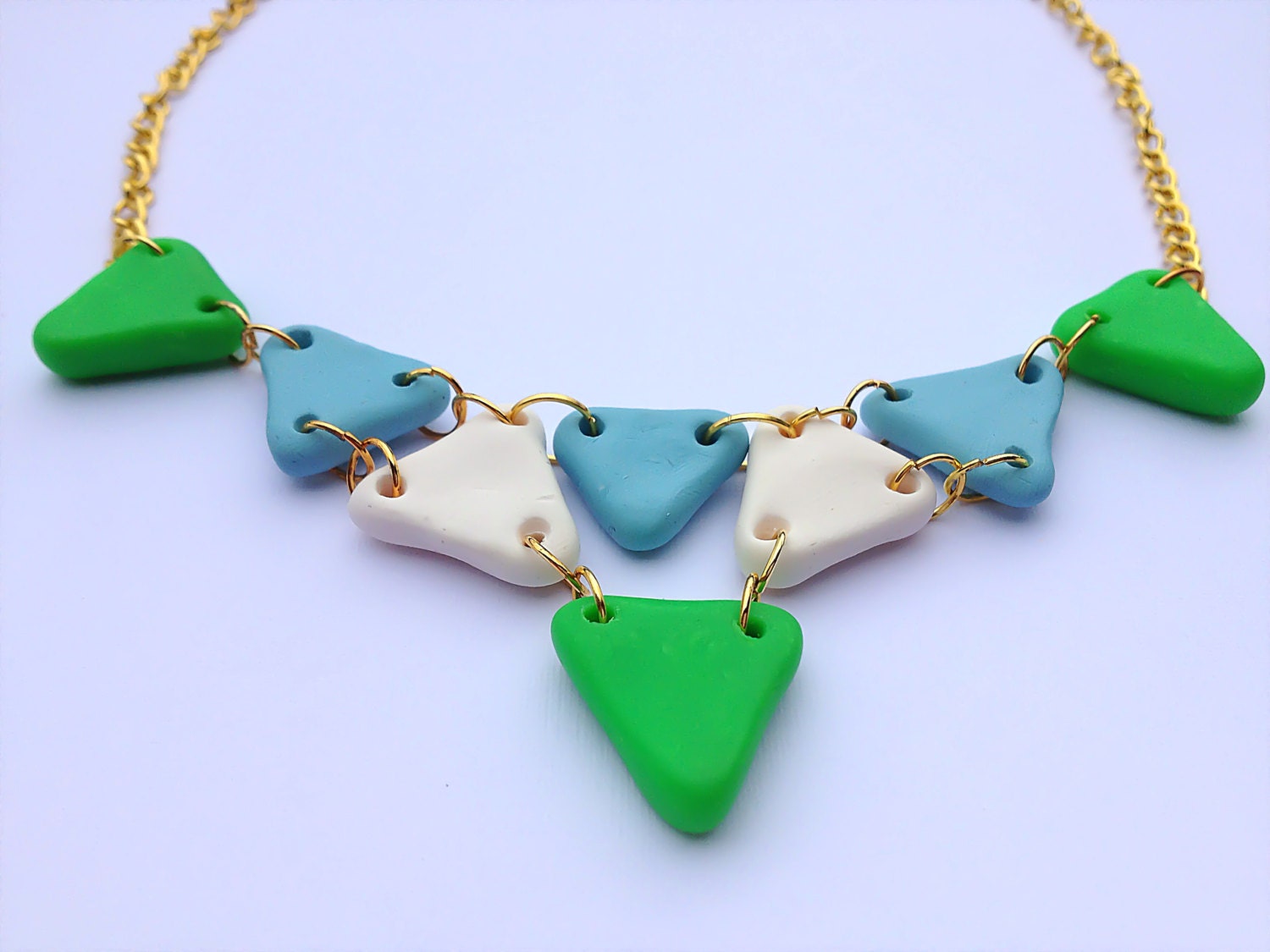 Carnival Necklace Geometric Shapes Choker Bib Bright Baby Blue Fluro Fluorescent Green White Polymer Clay Handmade Festival