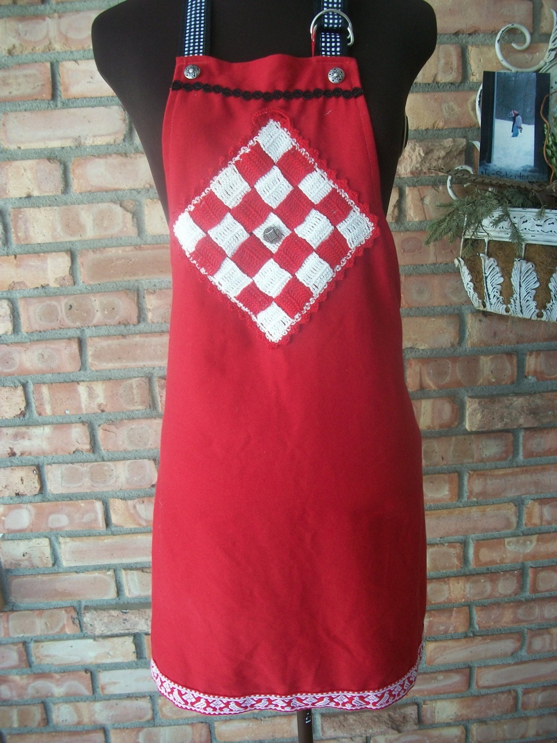Scandinavian Red Apron with Woven, Checked Pot Holder & Bird Trim