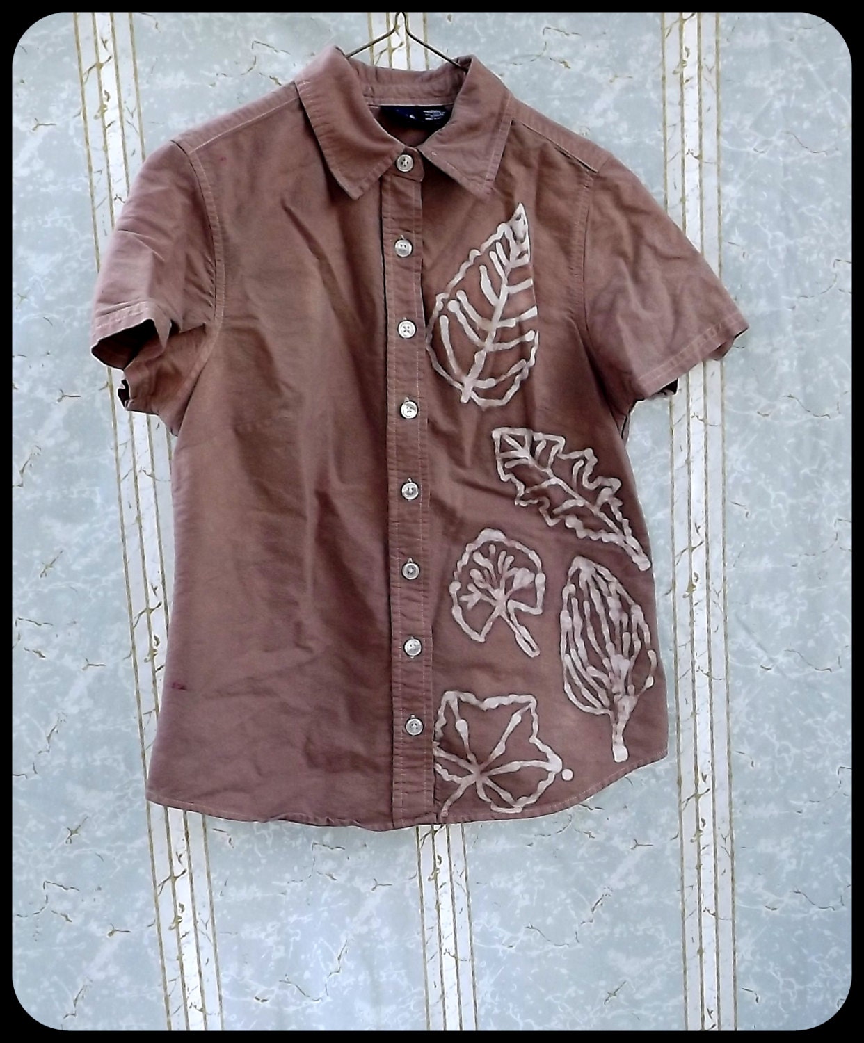Batik Blouse - Women's Small - Brown - Button-Up - Leaves - 100% Cotton