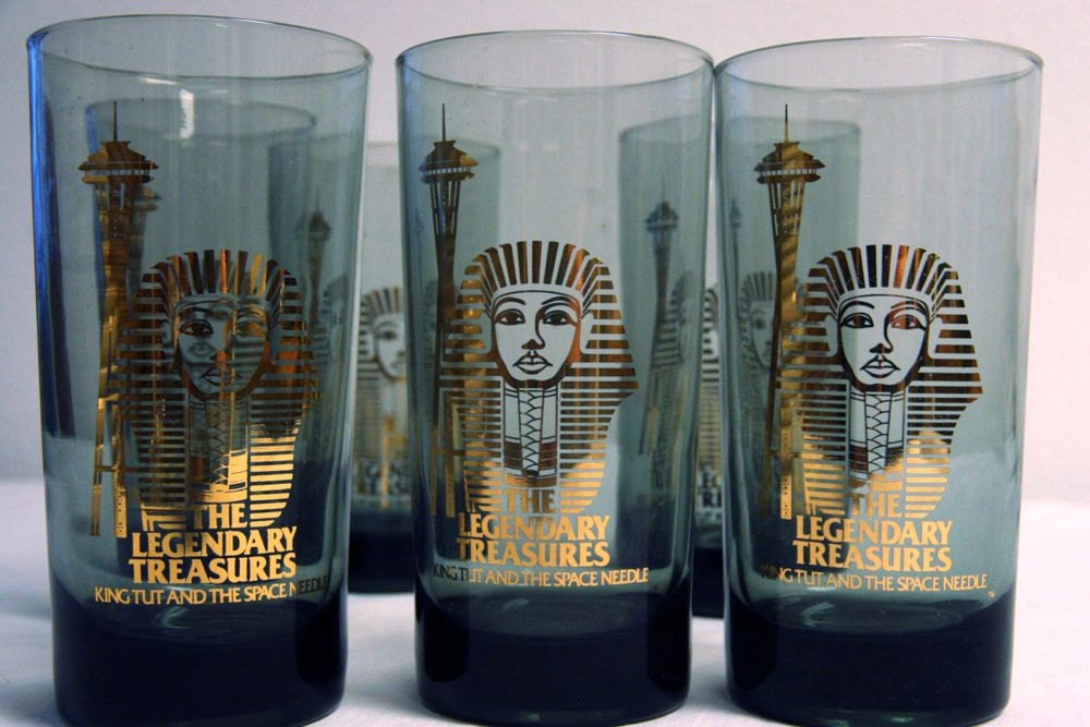 6 King Tut & The Space Needle Gold Color Glasses - 2 Icons in One - 1978 The Legendary Treasures King Tut and The Space Needle