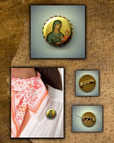 Brass BROOCH St Anne icon Patron Saint of Mothers Grandmothers Housewives Grandparents hand pressed flat metal button CABOCHON