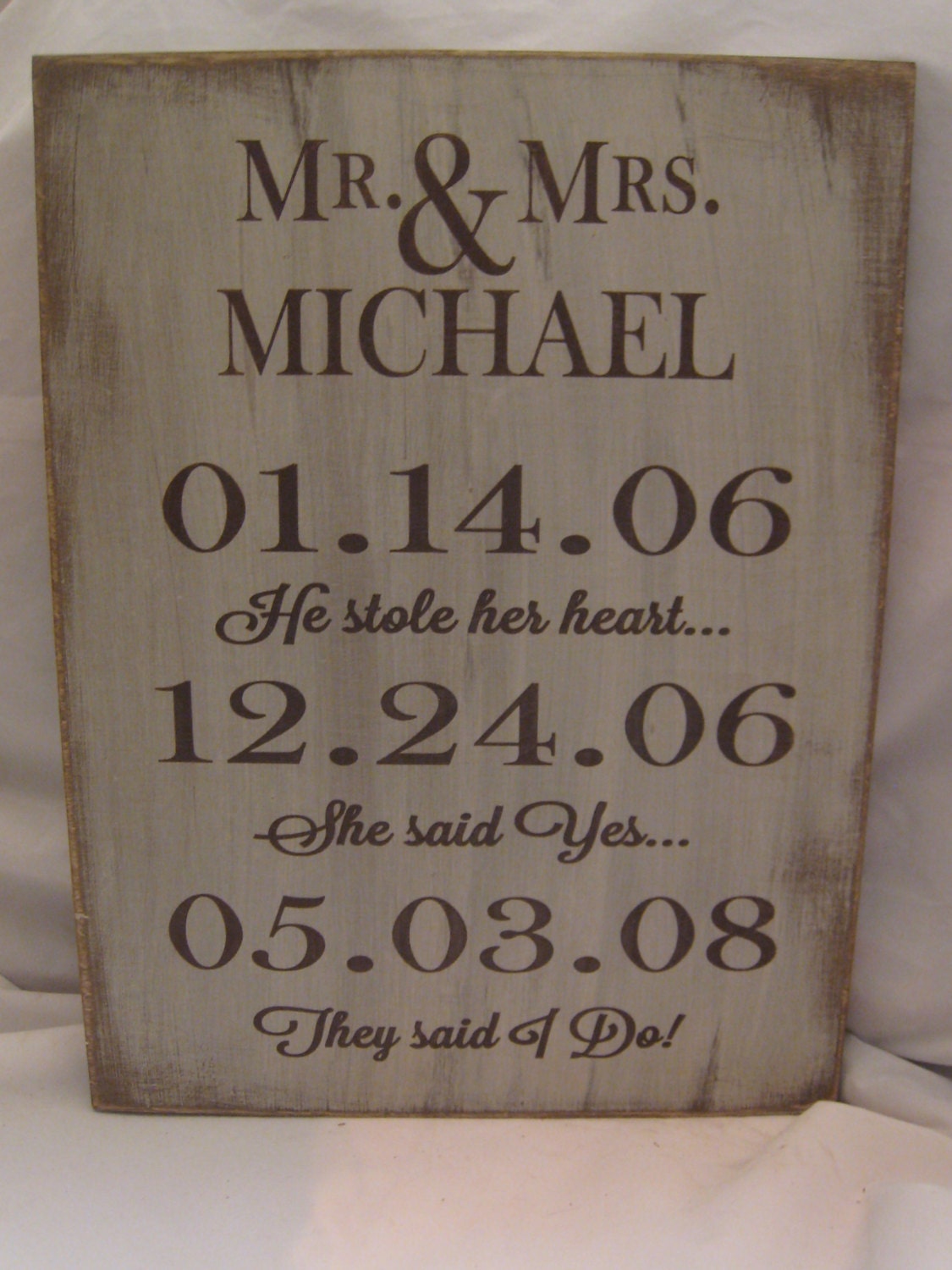 Personalized Rustic Wedding or Anniversary Sign  First Date, Engagement & Wedding Date with Name Distressed and Antiqued