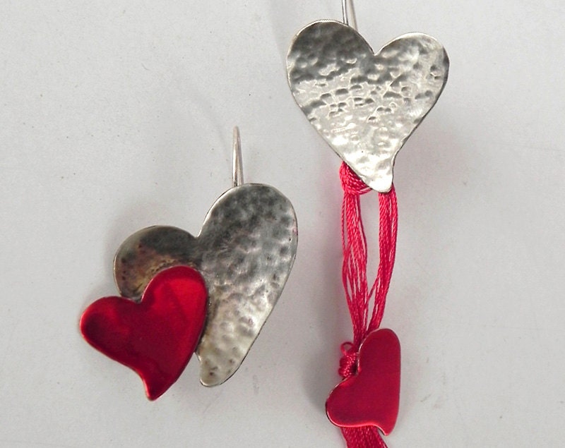 Double hearts, handmade earrings hammered metal, sterling silver wire hangers, enamel