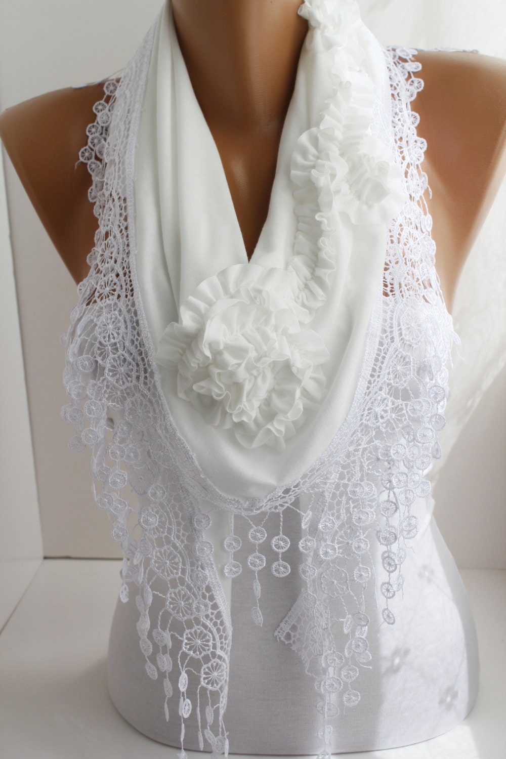 Creamy Rose Cotton Shawl Scarf- triangle scarf, lace scarf  white scarf shawl scarf