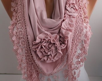 NEW- Soft Pink Rose Scarf Jersey Shawl Scarf  Lace Scarf  Triangle Scaf  Women's Fashion Accessories DIDUCI