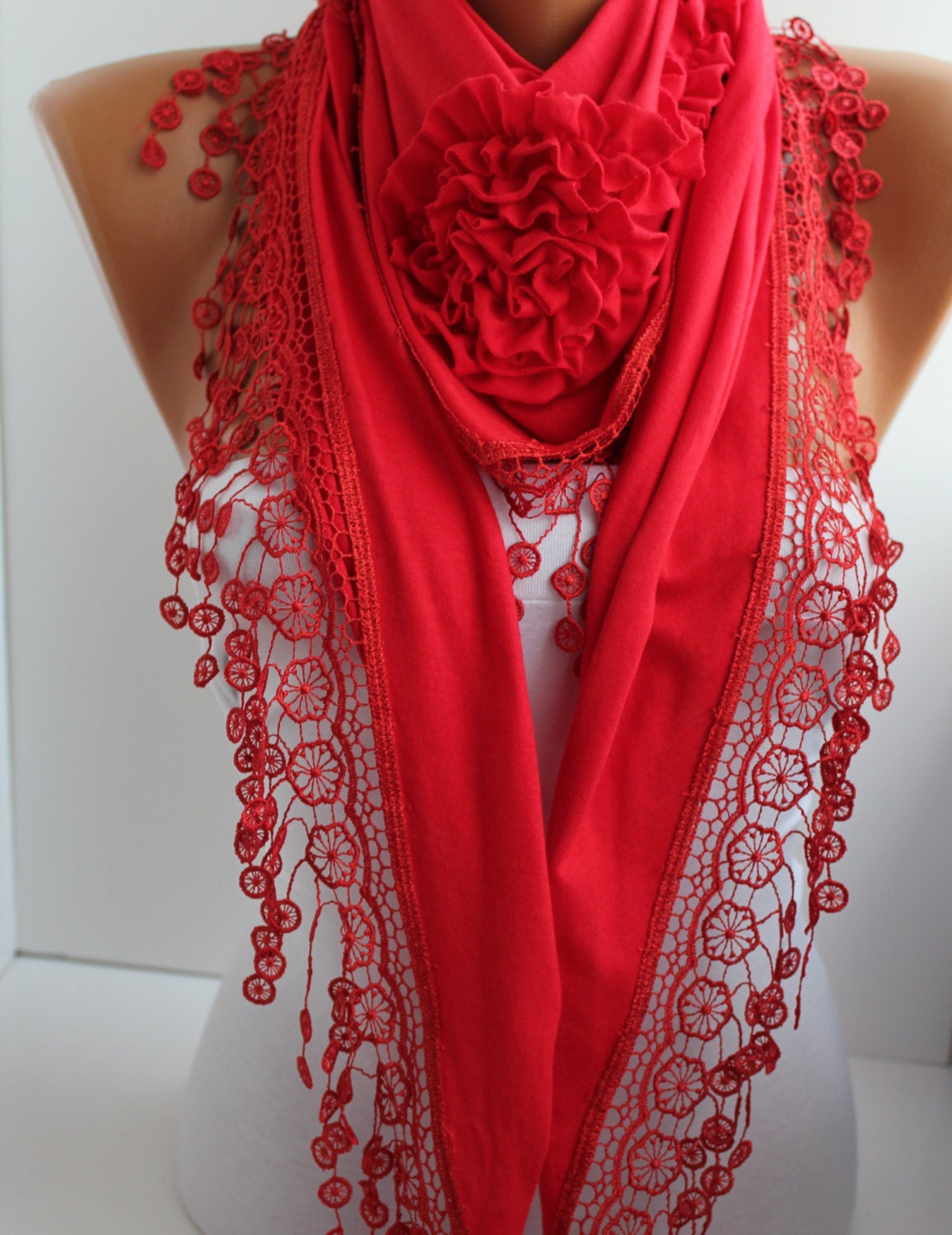 NEW- Mother's Day Gift Red Cotton Rose Shawl Scarf -lace scarf- triangle scarf -shawl scarf Headband