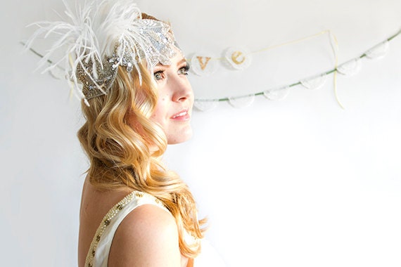 GATSBY bridal feather headpiece soft satin and beading with feathers bridal headband bridal hairpiece rhinestone bridal headband