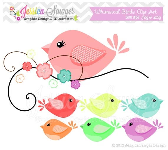 INSTANT DOWNLOAD Bird clip art - whimsical clip art - commercial use- personal use- printable - scrapbook - invitation Il_570xn