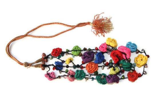 Crochet Jewerly Colorful Croched Flowers Necklace or for Hair Handmade - Christmas Gifts