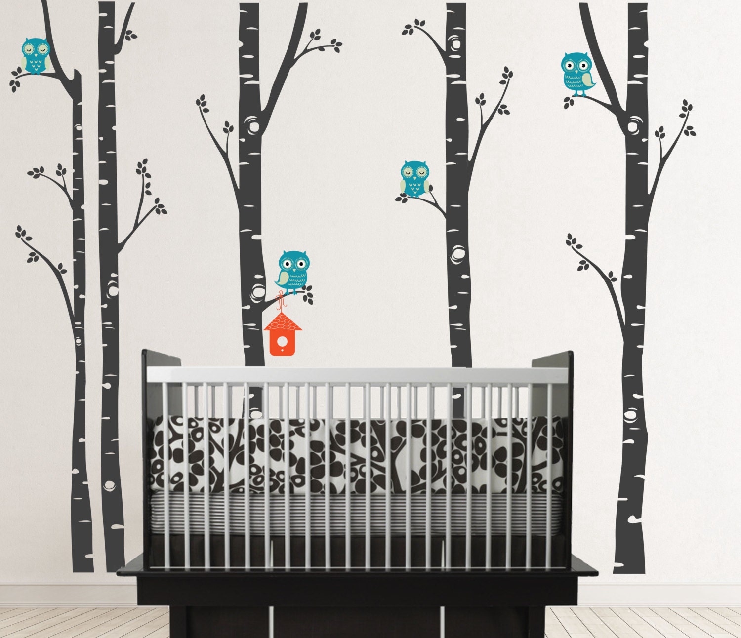Birch Trees with Owls, Bird house,owl decal, Set of 5 Birch Birch Nursery Wall Vinyl