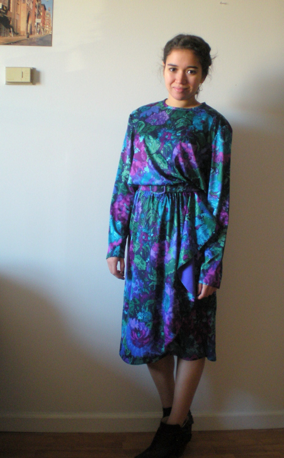 FLORAL Colorful BELTED Dress with Ruffle Long Sleeve
