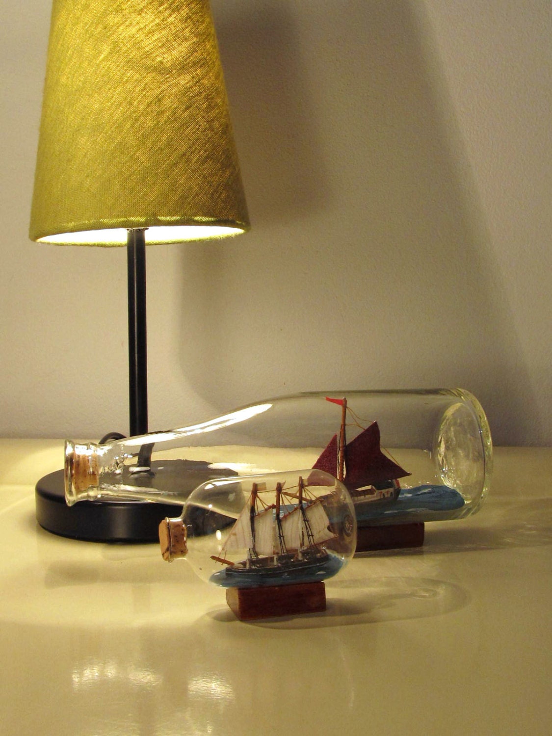 Vintage Ship in a Bottle  Vintage set   with Wooden Pedestal
