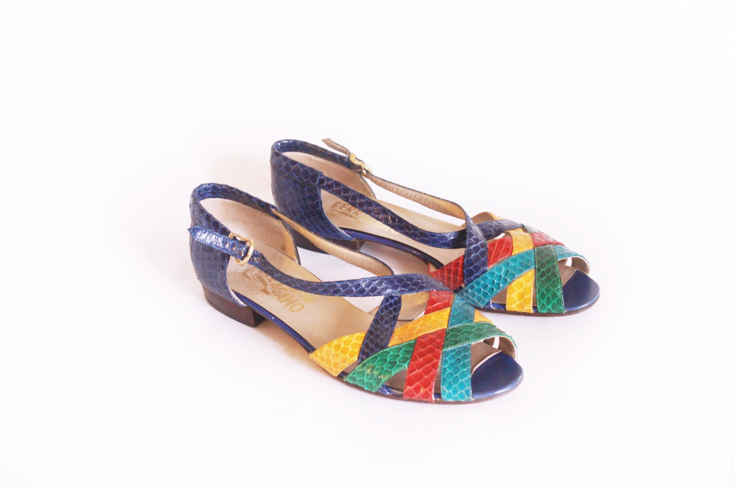 Vintage SALVATORE FERRAGAMO 70s sandals /genuine Snakeskin colorful leather shoes Eur 37 Us 7 UK 4.5 - Skomoroki