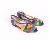 Vintage SALVATORE FERRAGAMO 70s sandals /genuine Snakeskin colorful leather shoes Eur 37 Us 7 UK 4.5 - Skomoroki