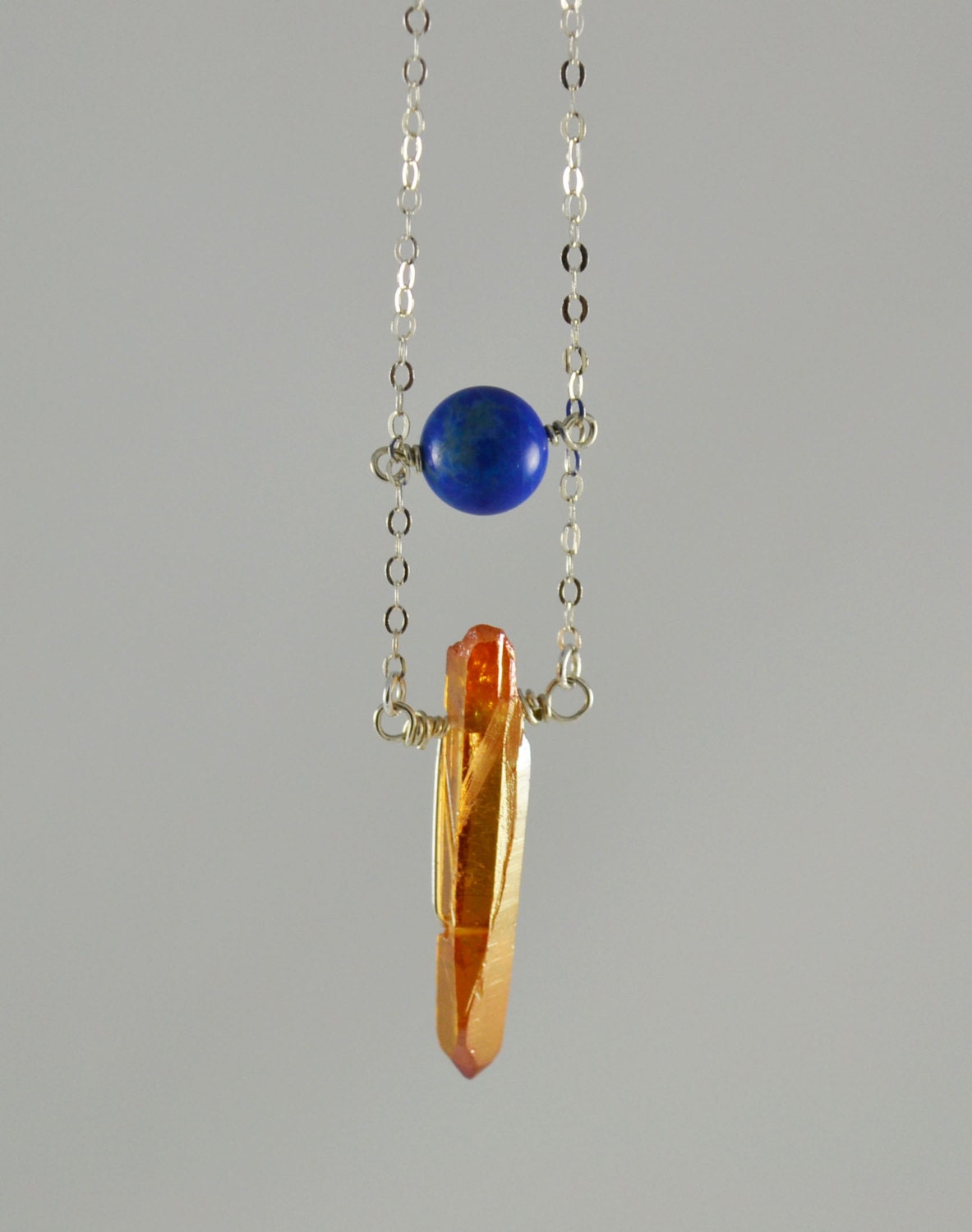 CLOSING SALE 20% OFF Aura Quartz and Lapis Lazuli Necklace, Sterling Silver Necklace, Boho Mystic Aura and Lapis Necklace